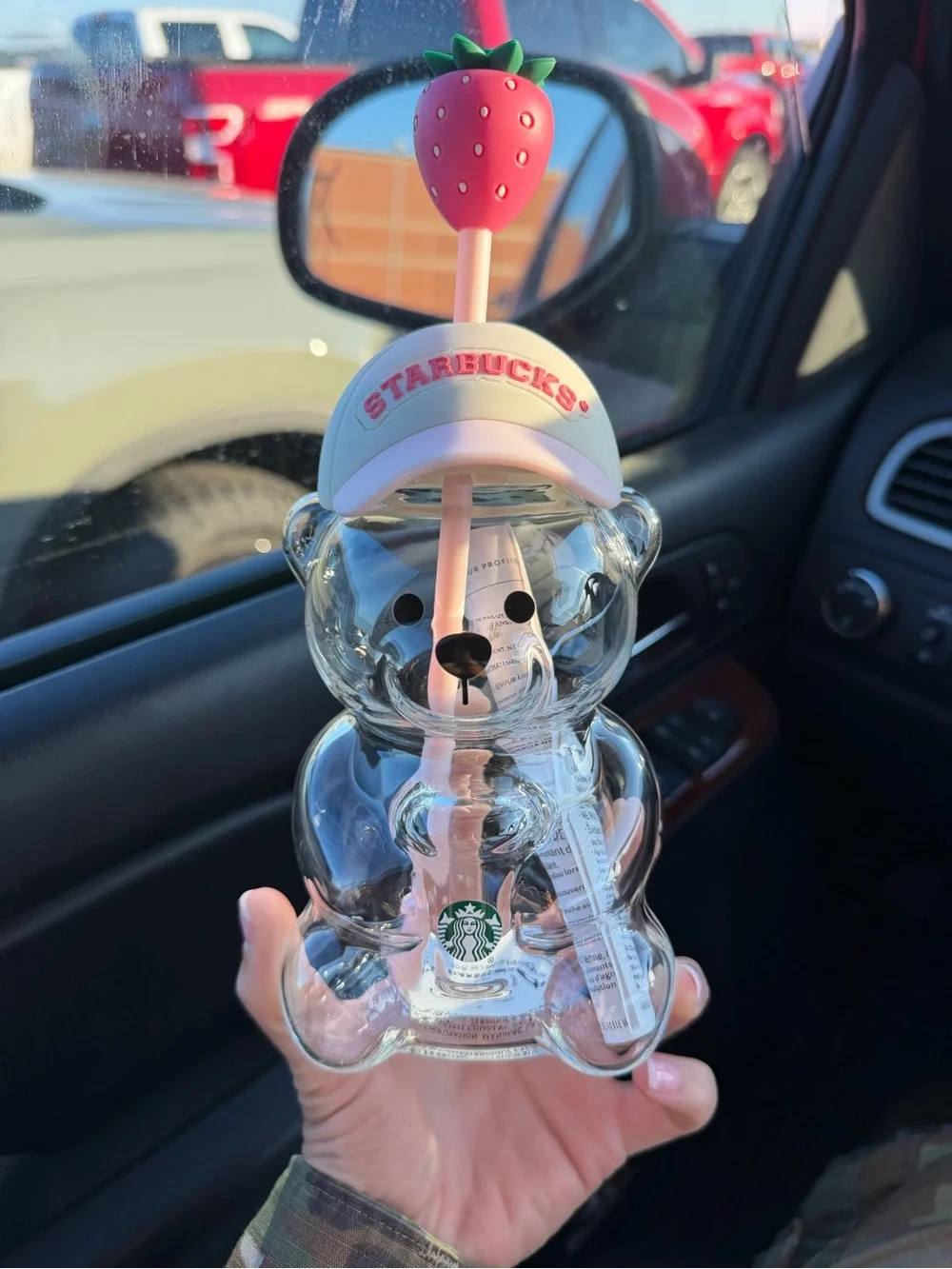 Starbucks Clear Bear Tumbler with Pink Straw and Strawberry Topper